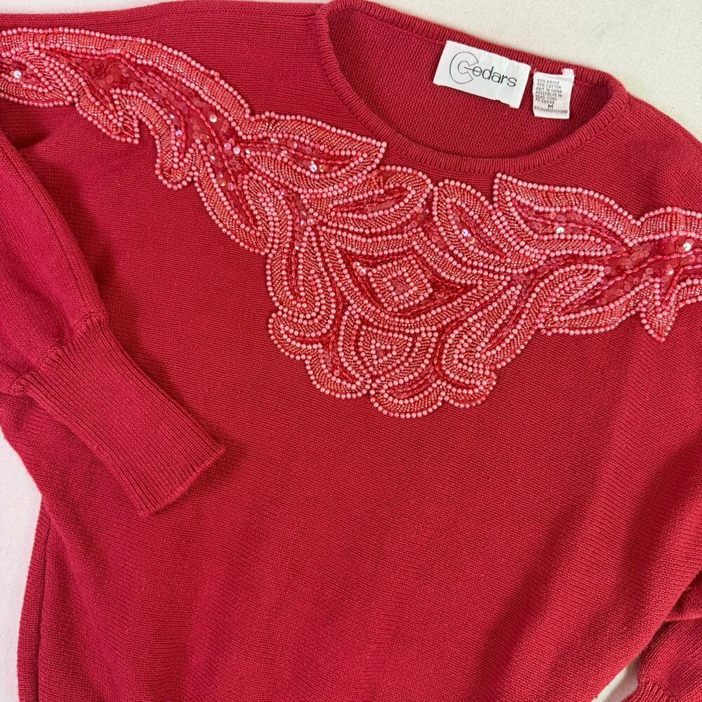 Vintage 80s Beaded Sequin Yoke Red Knit Sweater Womens M Rockabilly Glam Holiday